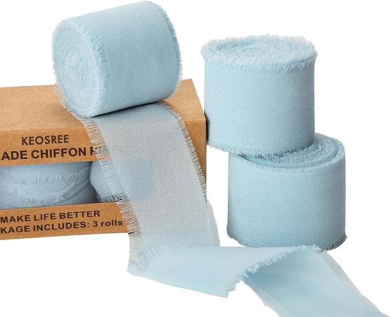 KEOSREE 3 Rolls Light Blue Handmade Chiffon Ribbon,1.5" x 21Yd Frayed Fringe Silk Ribbons (3 Rolls *7Yd) for Gifts Wrapping, Wedding Invitations, Bridal Bouquets, Decorations - Image 1